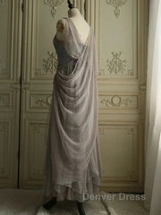 Chiffon Spaghetti Straps Transparent Beads Sweetheart Neck Grey Long Prom Dresses