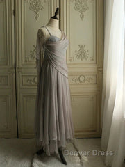 Chiffon Spaghetti Straps Transparent Beads Sweetheart Neck Grey Long Prom Dresses