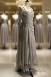 Chiffon Spaghetti Straps Transparent Beads Sweetheart Neck Grey Long Prom Dresses