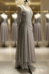Chiffon Spaghetti Straps Transparent Beads Sweetheart Neck Grey Long Prom Dresses