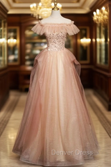 Chmpagne Pink Tulle Off the Shoulder Pearls Prom Dresses