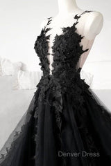 Classic Black Lace Tulle Long Prom Dresses Black Evening Dresses