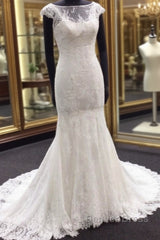 Classic Cap Sleeves White Illusion neck Lace Mermaid Wedding Dresses with Court Train