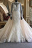 Classic Collar Long Sleeves Floral Pattern Mermaid Wedding Dresses Detachable Sweep Train