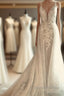 Classic Double V Neck Floral Lace Wedding Bridal Gown Sweep Train