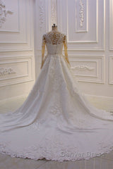 Classic Jewel Long Sleevess Tulle Lace Sparkle Ivory Wedding Dresses