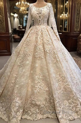 Classic Scoop Long Sleevess Appliques Ball Gown Wedding Dresses