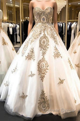 Classic Sweetheart Gold Lace Wedding Dresses Sparkly Ball Gown Bridal Dresses