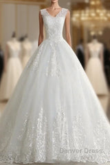 Classic White V neck Sleeveless Ball Gown Lace Wedding Dresses