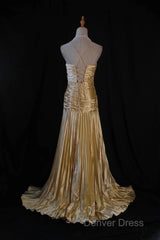 Classy A Line Halter Gold Satin Beads Long Evening Dresses Prom Dresses
