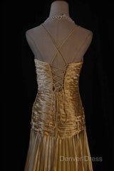 Classy A Line Halter Gold Satin Beads Long Evening Dresses Prom Dresses