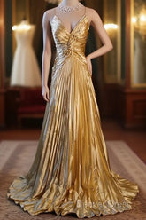 Classy A Line Halter Gold Satin Beads Long Evening Dresses Prom Dresses