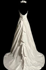 Classy A Line Halter Satin Ivory Long Wedding Dresses Bridal Dresses