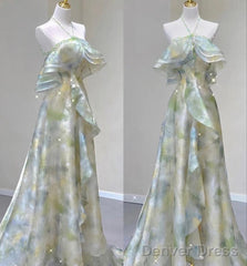 Classy A Line Off The Shoulder Halter Green Floral Long Party Dress Prom Dresses