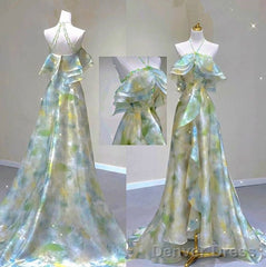 Classy A Line Off The Shoulder Halter Green Floral Long Party Dress Prom Dresses