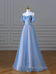 Classy A Line Spaghetti Straps Long Party Dresses Blue Prom Dresses