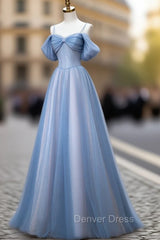 Classy A Line Spaghetti Straps Long Party Dresses Blue Prom Dresses