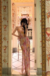 Classy A Line Spaghetti Straps Pink Chiffon Floral Prom Dresses Birthday Outfits Evening Gown