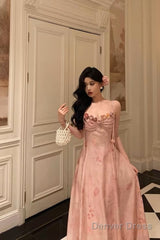 Classy A Line Spaghetti Straps Pink Lace Prom Dresses Birthday Outfits Evening Gown