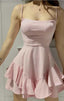 Classy A Line Spaghetti Straps Pink Satin With Ruffle Hem Short Homecoming Dresses 18Th Birthday Outfits