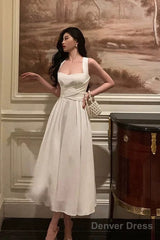 Classy A Line Square Neckline Ivory Prom Dresses Birthday Outfits Evening Gown