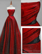 Classy A Line Strapless Red Sequin Tulle Long Party Dress Prom Dresses