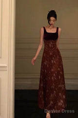 Classy A Line Straps Burgundy Velvet Floral Prom Dresses Birthday Outfits Evening Gown