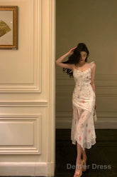 Classy A Line Straps Pink Floral Chiffon Prom Dresses Birthday Outfits Evening Gown