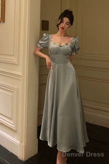 Classy A Line Sweetheart Blue Satin Prom Dresses Birthday Outfits Evening Gown