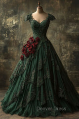 Classy Ball Gown Short Sleeves Dark Green Lace Long Party Dresses Satin Prom Dresses