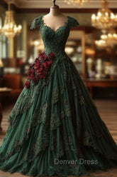 Classy Ball Gown Short Sleeves Dark Green Lace Long Party Dresses Satin Prom Dresses