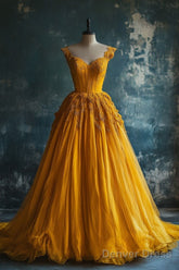 Classy Ball Gown Short Sleeves Yellow Lace Long Party Dress Satin Prom Dresses