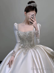 Classy Ball Gown Square Neckline Long Sleeves Sequin White Wedding Dresses Brides Dress