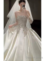 Classy Ball Gown Strapless Neckline Long Sleeves Sequin White Wedding Dresses Brides Dress