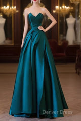 Classy Ball Gown Strapless Satin Ruffles Long Evening Dresses Prom Dresses