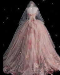 Classy Ball Gown Sweetheart Pink Floral Tulle Long Evening Dresses Prom Dresses