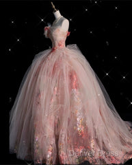 Classy Ball Gown Sweetheart Pink Floral Tulle Long Evening Dresses Prom Dresses