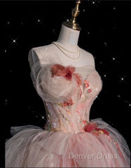 Classy Ball Gown Sweetheart Pink Floral Tulle Long Evening Dresses Prom Dresses