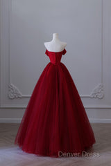 Classy Balll Gown Strapless Red Tulle Long Evening Dresses Prom Dresses