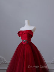 Classy Balll Gown Strapless Red Tulle Long Evening Dresses Prom Dresses
