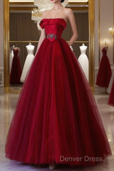 Classy Balll Gown Strapless Red Tulle Long Evening Dresses Prom Dresses