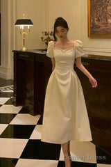 Classy French A Line Short Sleeves Ivory Satin Prom Dresses Birthday Outfits Evening Gown