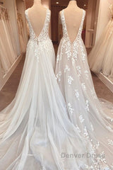 Classy Long A-Line Sweetheart Appliques Lace Open Back Wedding Dresses