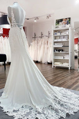 Classy Long Mermaid V-neck Satin Open Back Wedding Dresses with Lace Appliques