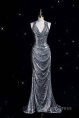 Classy Mermaid Halter Silver Sequin Long Evening Dresses Sexy Prom Dresses