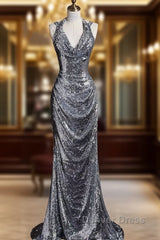 Classy Mermaid Halter Silver Sequin Long Evening Dresses Sexy Prom Dresses
