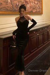 Classy Mermaid High Neckline Black Velvet Prom Dresses Birthday Outfits Evening Gown