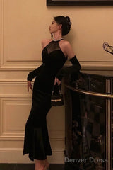 Classy Mermaid High Neckline Black Velvet Prom Dresses Birthday Outfits Evening Gown