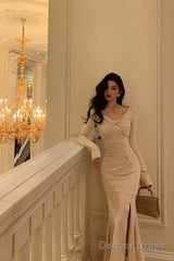 Classy Mermaid Long Sleeves Ivory Slit Prom Dresses Birthday Outfits Evening Gown