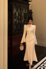 Classy Mermaid Mandarin Collar Long Sleeves White Lace Prom Dresses Birthday Outfits